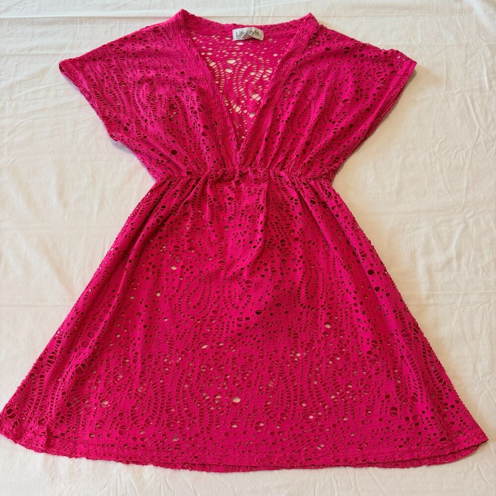 Title: LifeStyle Beachwear Hot Pink Laser Cut Eyelet Swim Cover Up Dress Size M